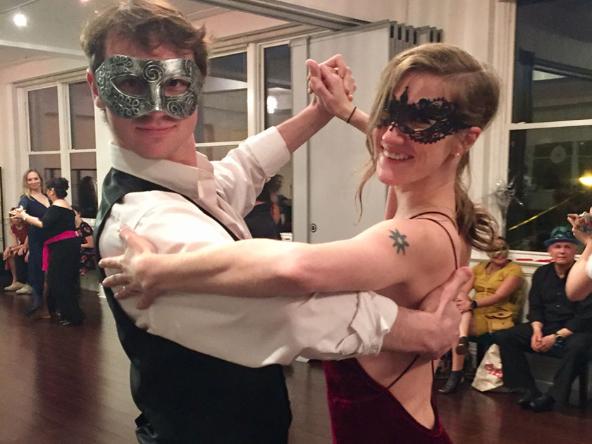 2018 Masquerade Ball - Annie and Dylan getting ready to compete in the Jack and Jill Dramatic Tango and Reverse Roles Rumba Dance Mixer
